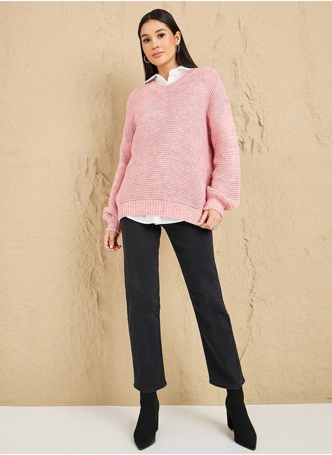 ستايلي Longline V Neck Chunky Knit Sweater