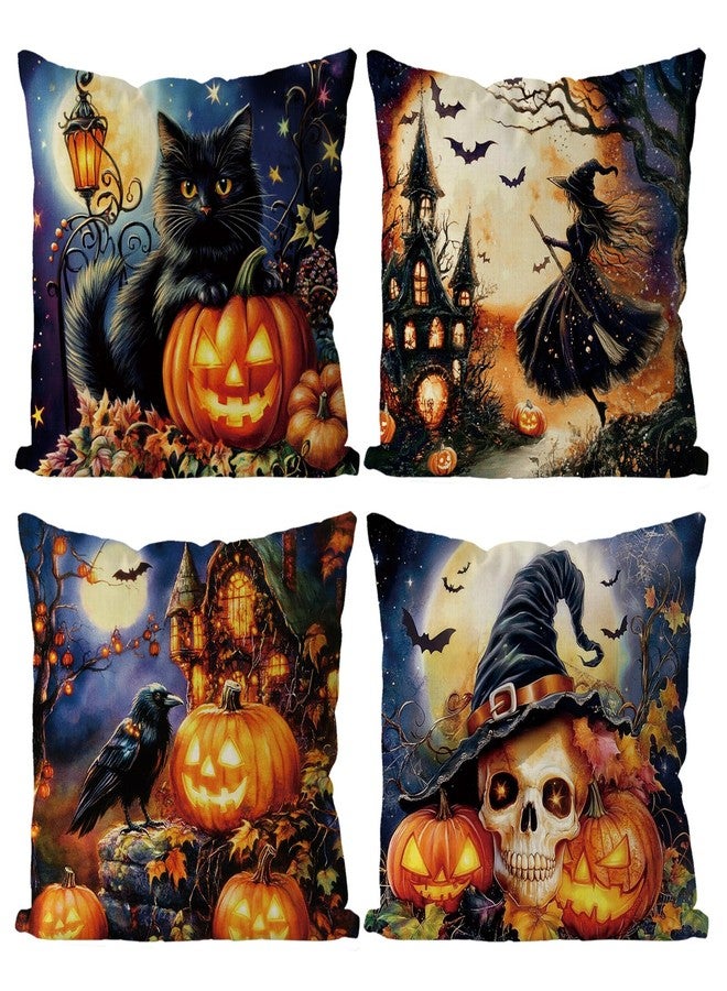 GAGEC Halloween Pillow Covers 18x18 Inch Set of 4 Skeleton Pumpkin Black Cat Throw Pillow Covers Holiday Witches Farmhouse Pillowcase Couch Cushion Case for Home Sofa Living Room Decor - Image 1