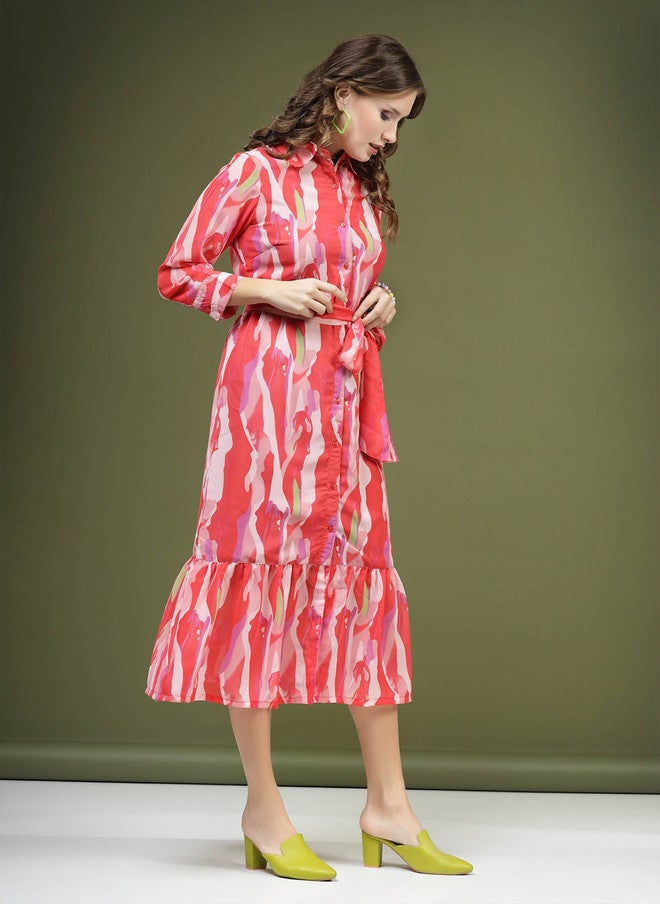 PlusS فستان ميدي مطبوع بتصميم تجريدي وردي للنساء - Image 3