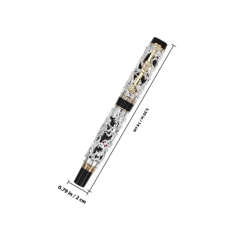 Vintage Chinese Style Dragon Fountain Pen Fine Nib Silver Black for Calligraphy - Image 3