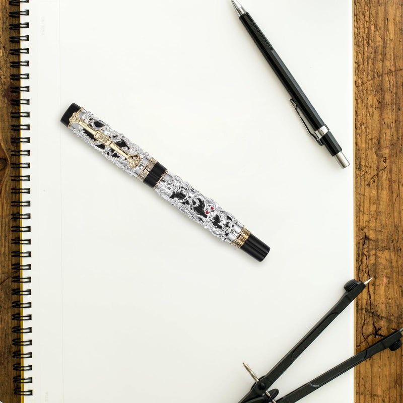 Vintage Chinese Style Dragon Fountain Pen Fine Nib Silver Black for Calligraphy - Image 5