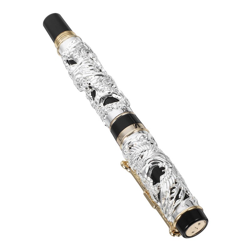 Vintage Chinese Style Dragon Fountain Pen Fine Nib Silver Black for Calligraphy - Image 2