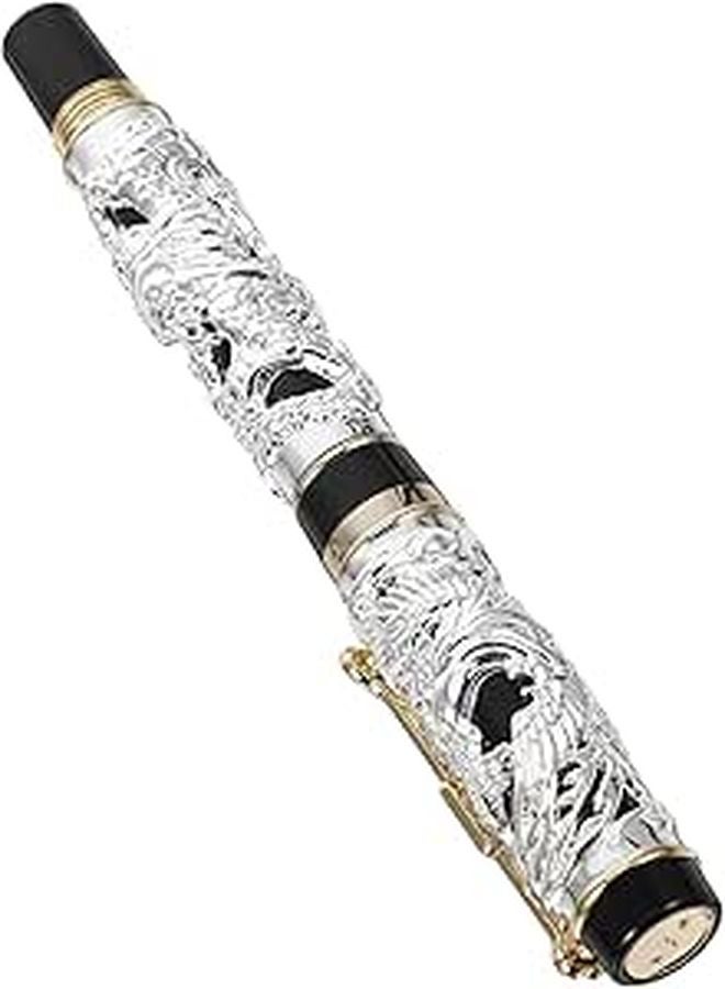 Vintage Chinese Style Dragon Fountain Pen Fine Nib Silver Black for Calligraphy - Image 1