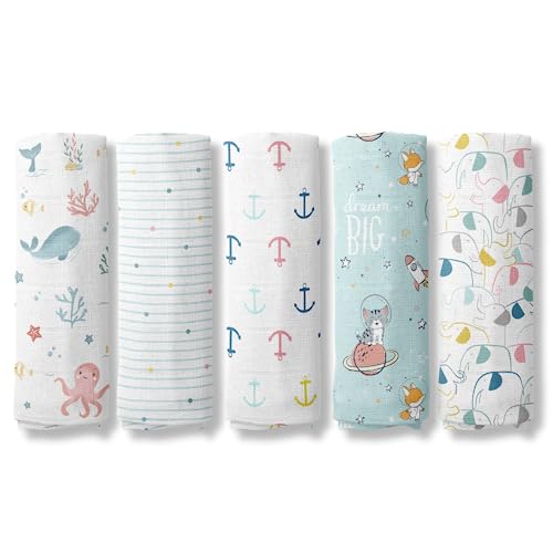 haus & kinder 100% Cotton Muslin Swaddle Wrap for New Born Baby | Pack of 5 (100×100 cm) | Baby Blanket & Swaddles for Newborn | Nautical Collection - Image 1