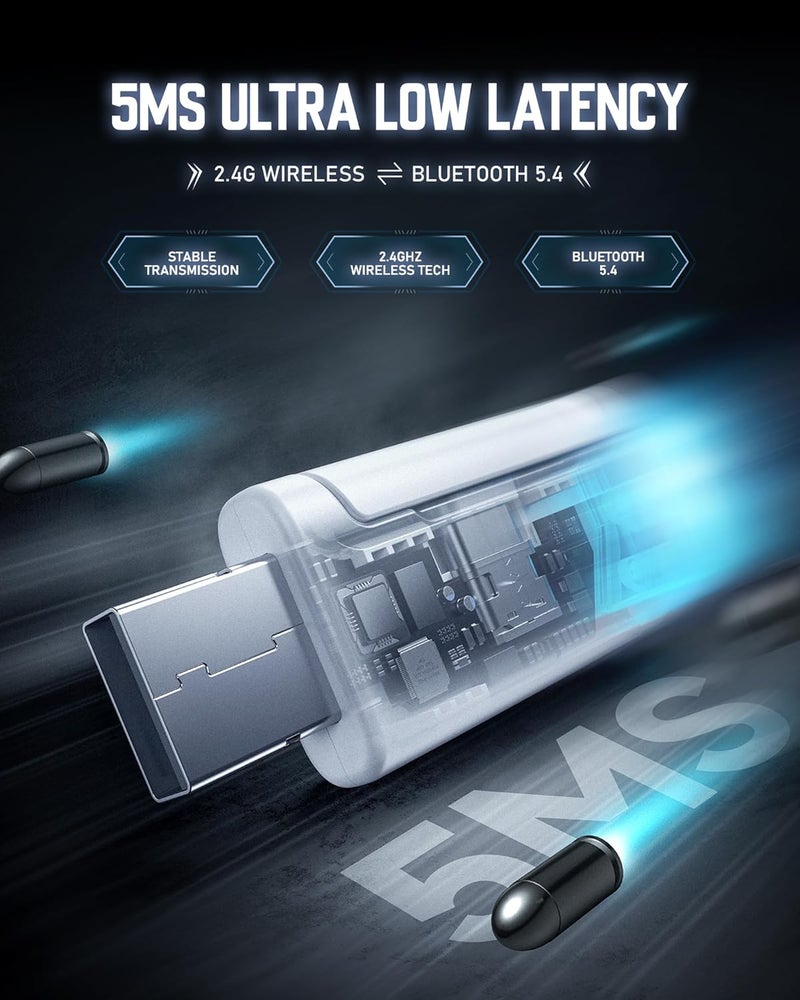 قيم سماعة رأس لاسلكية للألعاب، صوت محيطي 7.1، سماعات ألعاب USB بتردد 2.4 جيجاهرتز مع بلوتوث 5.4، بطارية 100 ساعة، ميكروفون إلغاء الضوضاء ENC، إضاءة RGB، سماعة رأس لاسلكية لأجهزة PC وPS5 وPS4 وMac وSwitch (أسود-أبيض) - Image 3