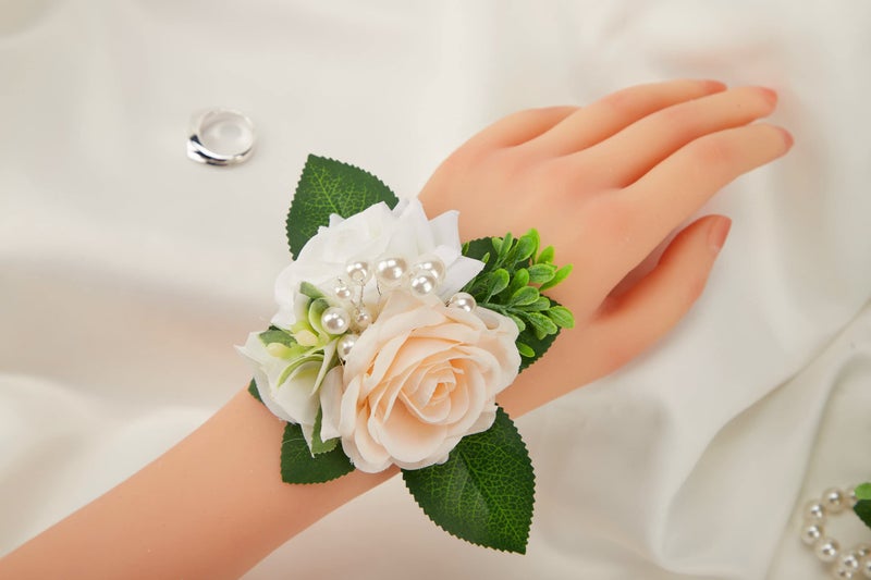 Meldel Wrist Corsage for Wedding White and Champagne Rose Set of 6 Wrist Corsages for Bride Bridesmaid Mother Wrist Flower Girl Women Prom Party Homecoming Ceremony Anniversary Wedding Gift