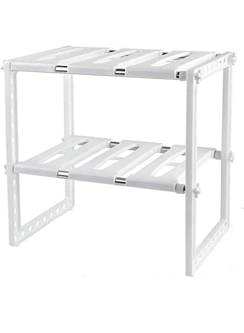 منظم تخزين قابل للتوسيع تحت الحوض – رف بطابقين قابل للتعديل لتخزين المطبخ والحمام وتوفير المساحة (أبيض) - Image 1