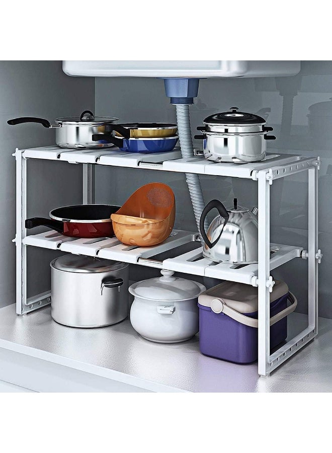 منظم تخزين قابل للتوسيع تحت الحوض – رف بطابقين قابل للتعديل لتخزين المطبخ والحمام وتوفير المساحة (أبيض) - Image 2
