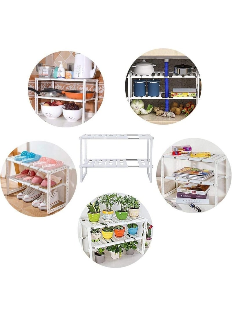 منظم تخزين قابل للتوسيع تحت الحوض – رف بطابقين قابل للتعديل لتخزين المطبخ والحمام وتوفير المساحة (أبيض) - Image 3