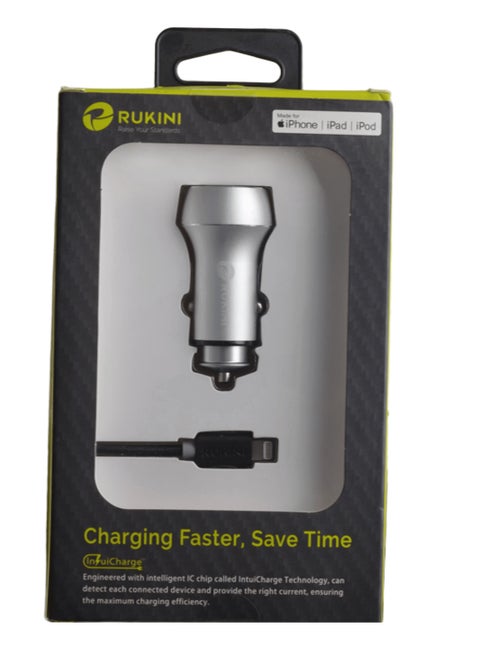 Rukini Dual Output Fast Car Charger with Lightning Cable - 24W - Silver and Black - RC307-S