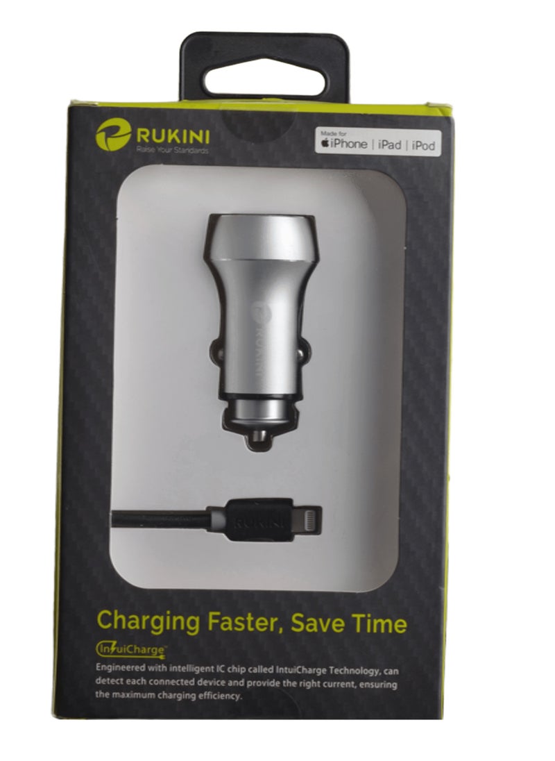 Rukini Dual Output Fast Car Charger with Lightning Cable - 24W - Silver and Black - RC307-S