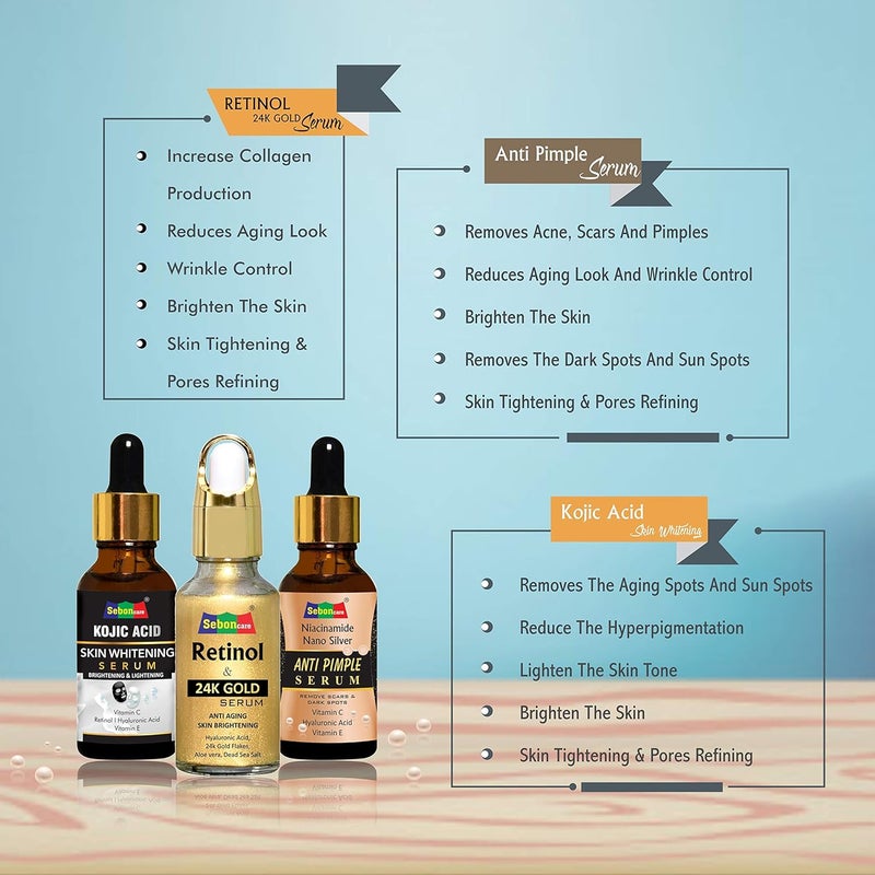 SebonCare Vitamin C Serum for Face Whitening Retinol 24K Gold Face Serum and Anti Pimple Serum Combo for Wrinkle Control Acne Control Face Whitening - Image 3