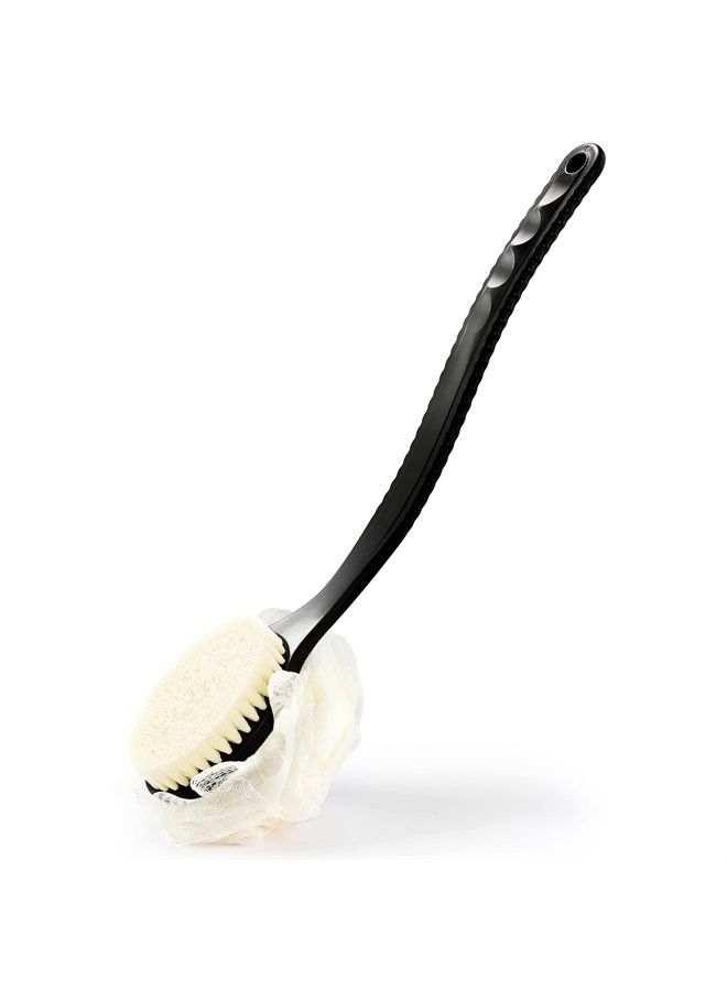 HONOMA Shower Body Brush with Bristles and Loofah,Back Scrubber Bath Mesh Sponge with Curved Long Handle for Skin Exfoliating Bath, Massage Bristles Suitable for Wet or Dry, Men and Women (Black) - Image 1