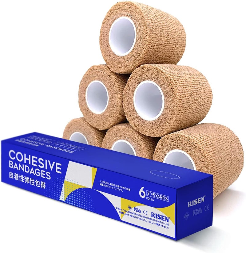 Risen Cohesive Bandage 2 x 5 Yards 6 Rolls Self Adherent Wrap Medical Tape Adhesive Flexible Breathable First Aid Gauze Ideal for Stretch Athletic - Image 1