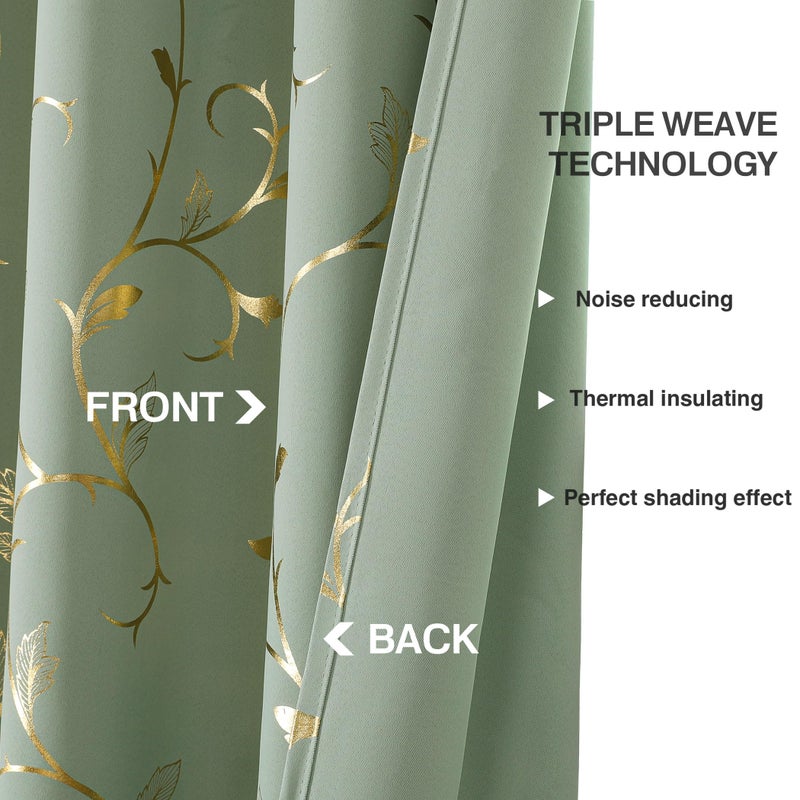 BUHUA Blackout Curtains Gold Foil Print Flower Vine Grommet Drapes, Room Darkening Thermal Insulated Curtains, Noise Reducing Curtain for Bedroom, Sage Green, 52Wx63L, 2 Panels - Image 5
