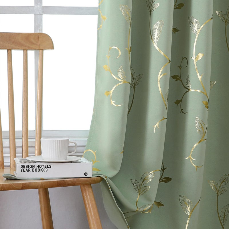 BUHUA Blackout Curtains Gold Foil Print Flower Vine Grommet Drapes, Room Darkening Thermal Insulated Curtains, Noise Reducing Curtain for Bedroom, Sage Green, 52Wx63L, 2 Panels - Image 4