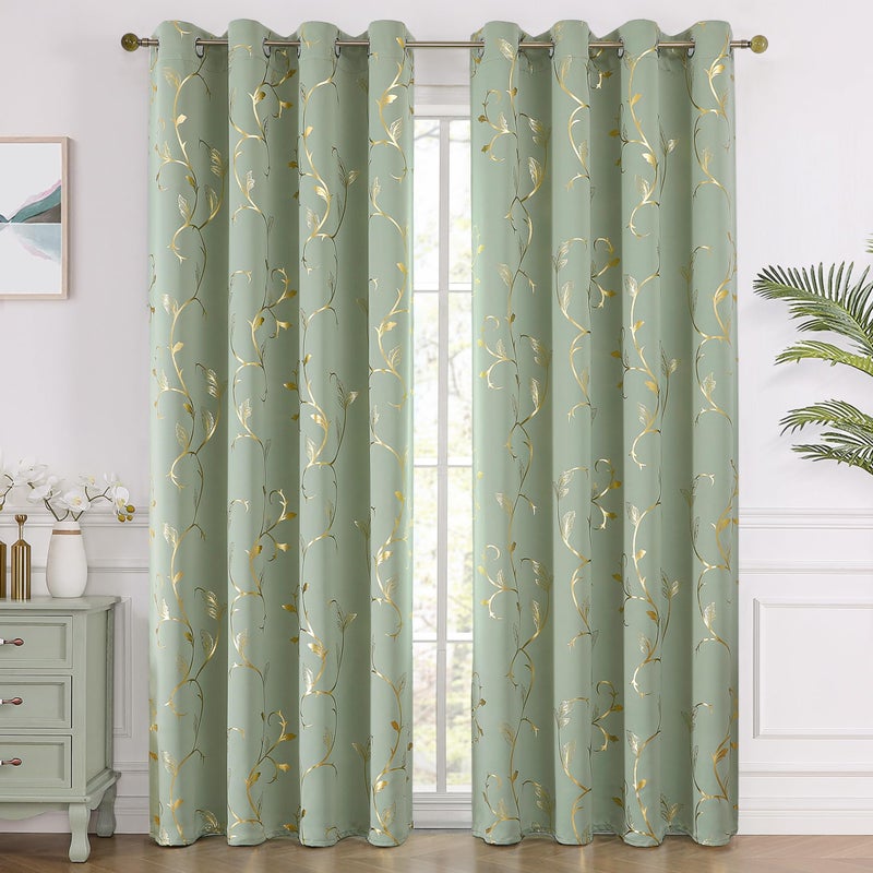 BUHUA Blackout Curtains Gold Foil Print Flower Vine Grommet Drapes, Room Darkening Thermal Insulated Curtains, Noise Reducing Curtain for Bedroom, Sage Green, 52Wx63L, 2 Panels - Image 2