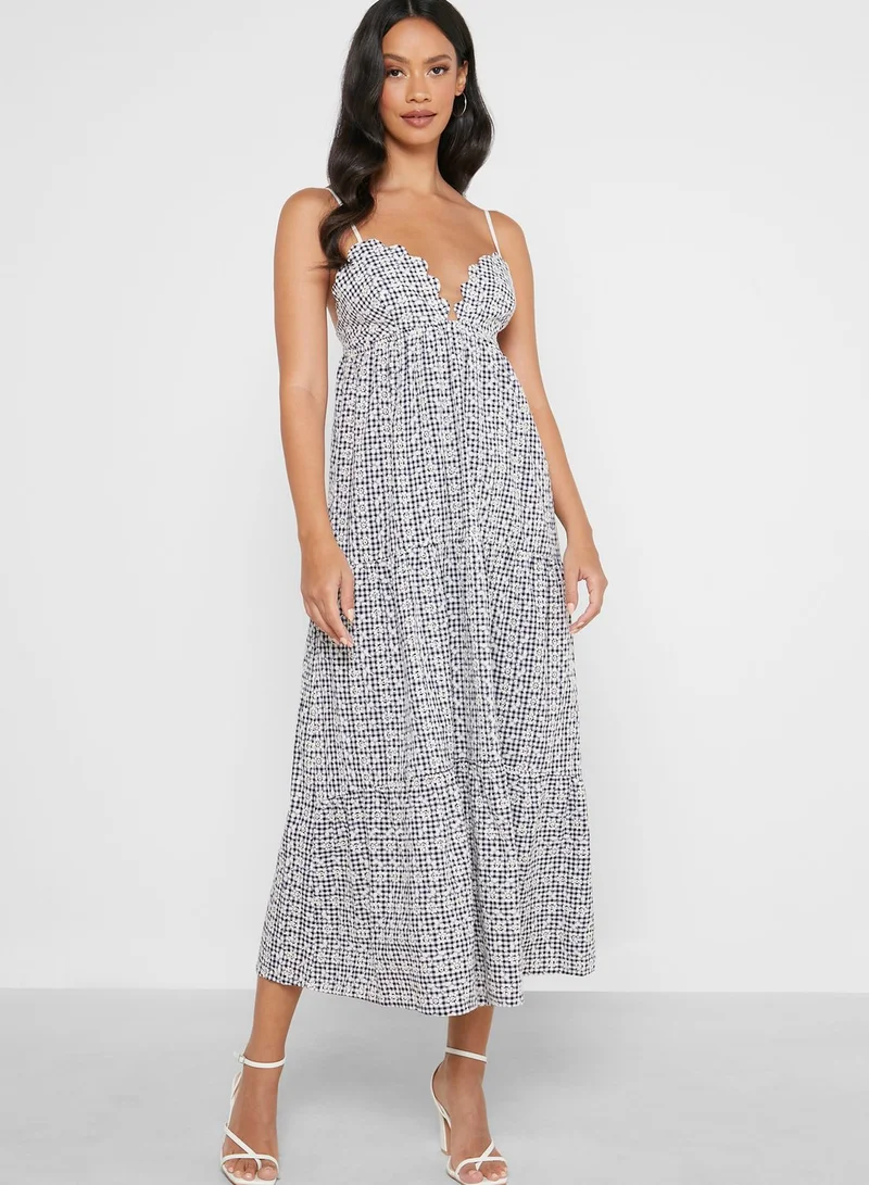 LOST INK Scallop Edge Embroidery Gingham Midi Dress