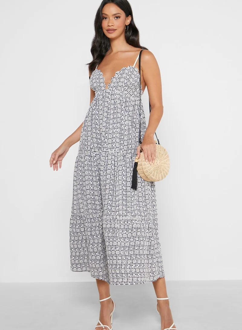 LOST INK Scallop Edge Embroidery Gingham Midi Dress