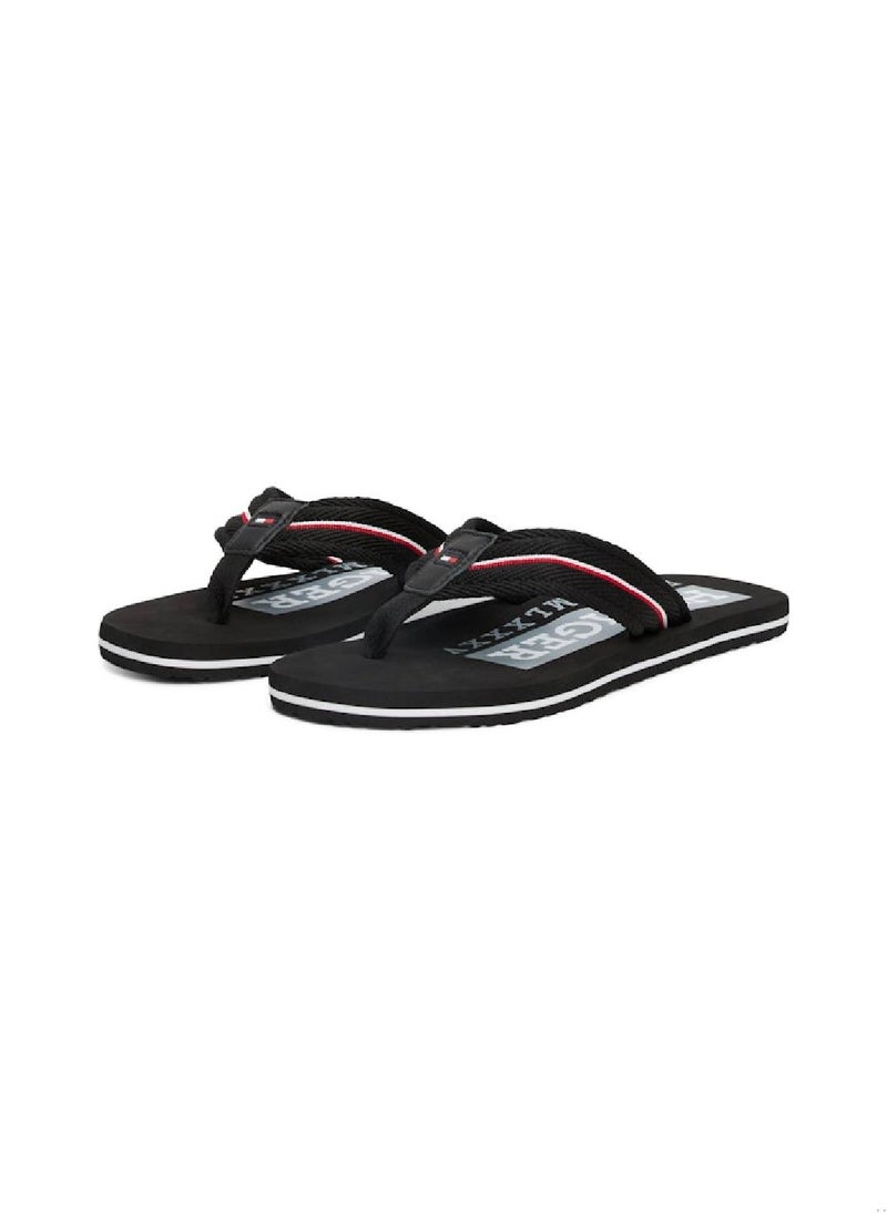 TOMMY HILFIGER - Men's Signature Tape Webbing Flip-Flops - Polyester, Black - Image 1