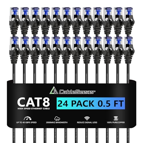 CableGeeker Patch Cables Cat8 0.5ft 24 Pack Slim, Cat8 Ethernet Patch Cable 40G 2000MHz Support, Snagless RJ45 Cat 8 Patch Cable for Patch Panel to Switch, Flexiable Network Cable - 0.5 Feet Black - Image 1