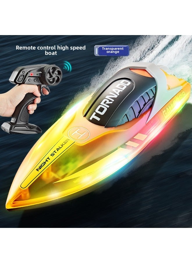 Luminous Remote Control Boat High Speed Speedboat LED Glare 2.4G Remote Large Power Low Power Warning Children's Ship Model-Color:Fluorescent Orange Speedboat (Upgraded Version)-Specification:Two Rechargeable Batteries + Charger (120 Minutes)  - Image 1
