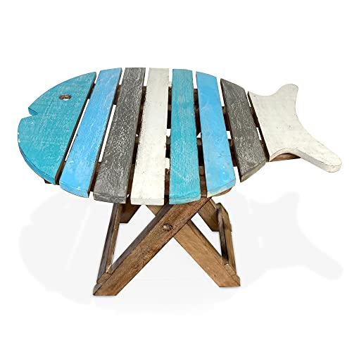 Small Wooden Folding Fish Shaped Side Table with Distressed Finish  Blue and Whitewash Wood Colours  Bring a Simple Seaside Feel to Any Room or Would fit into a Nautical Themed Room