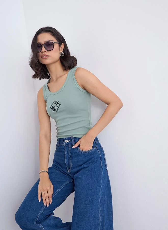 Styli Styli Green Fitted Embroidered Tank