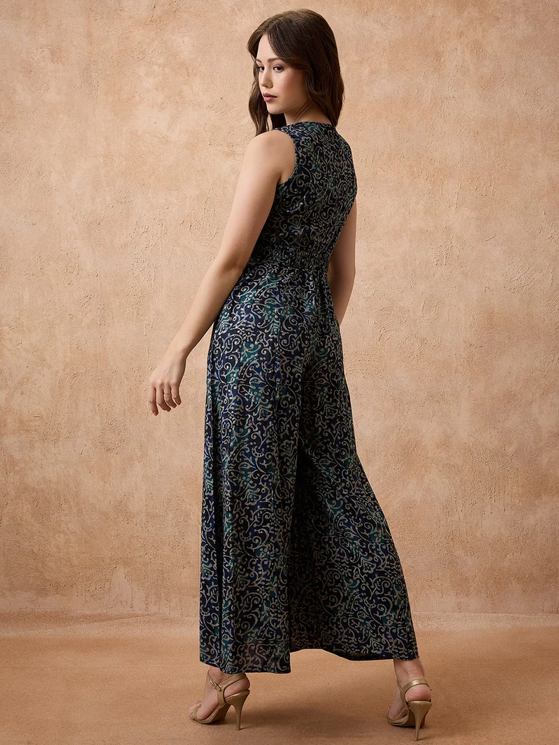 جلو باص Women V-Neck Ethnic Print Flared Fusion Jumpsuit