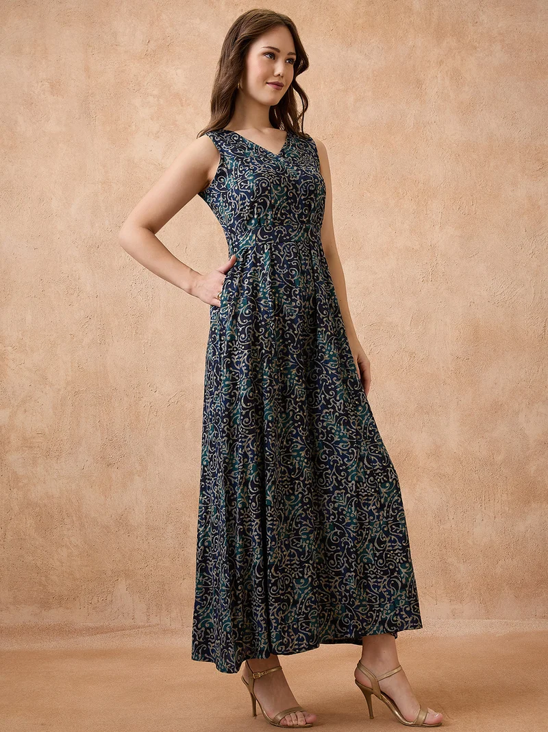 جلو باص Women V-Neck Ethnic Print Flared Fusion Jumpsuit