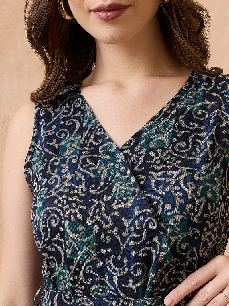 جلو باص Women V-Neck Ethnic Print Flared Fusion Jumpsuit