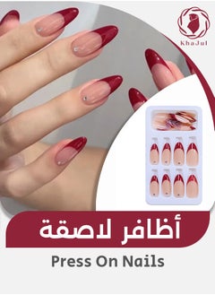 KHAJUL 24-Piece Red Fake Nails with Rhinestone Include Jelly Stickers and Nail File, Almond Shaped for Women  - Image 1