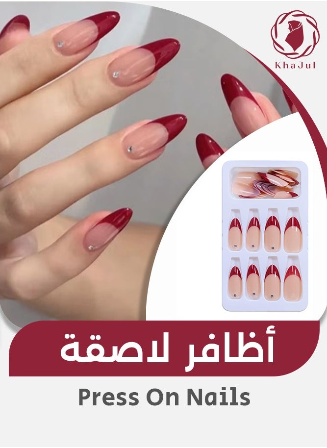 KHAJUL 24-Piece Red Fake Nails with Rhinestone Include Jelly Stickers and Nail File, Almond Shaped for Women  - Image 1