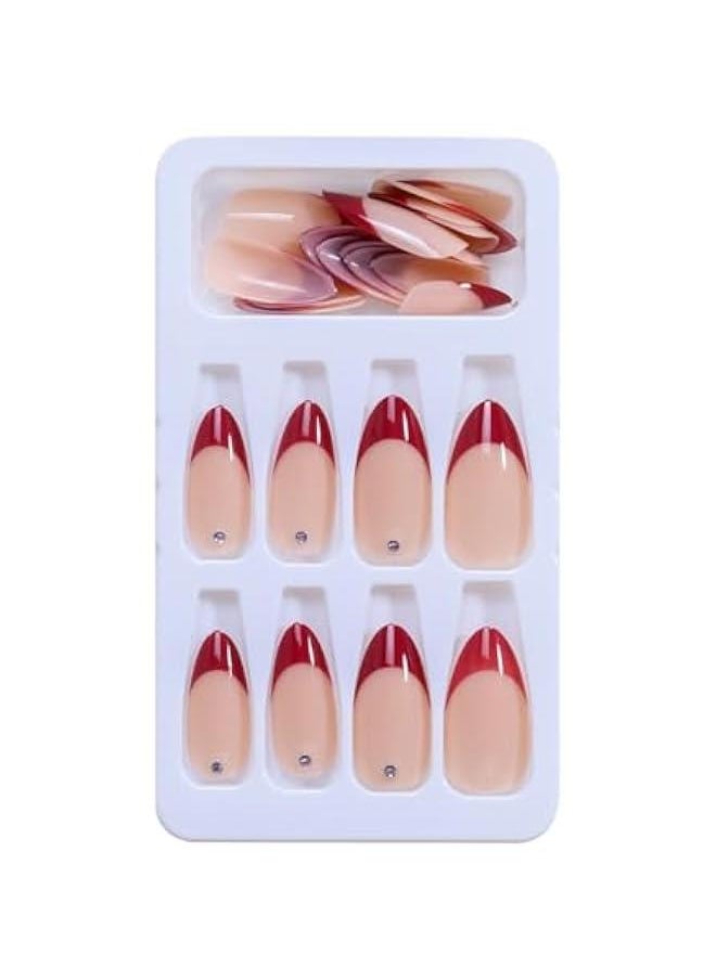 KHAJUL 24-Piece Red Fake Nails with Rhinestone Include Jelly Stickers and Nail File, Almond Shaped for Women  - Image 3