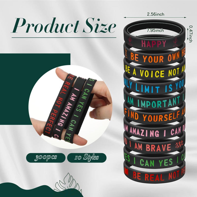 Hotop 300 Pcs Motivational Rubber Bracelets Bulk Stretch Silicone Inspirational Bracelets Bulk Rubber Wristbands with Quotes for Men Women Adults Party Favors Gifts, 10 Designs(Colorful) - Image 2