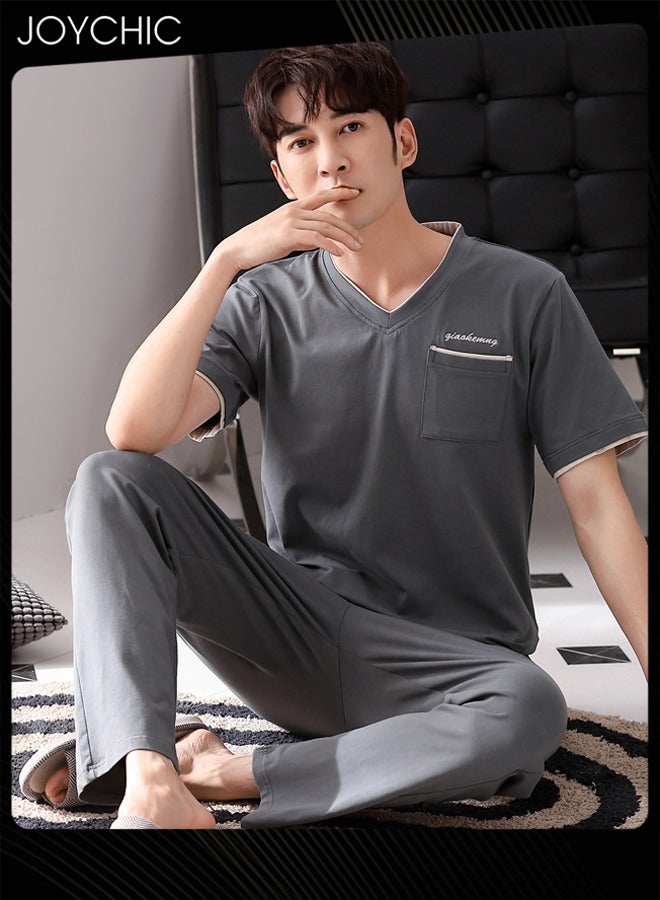 Joychic Solid Color Sports Style Men's Pajamas Set Spring and Autumn Short-sleeved Sleepwear Modal Skin-friendly Quick-dying Pullover Home Clothes for Youth Grey - Image 2