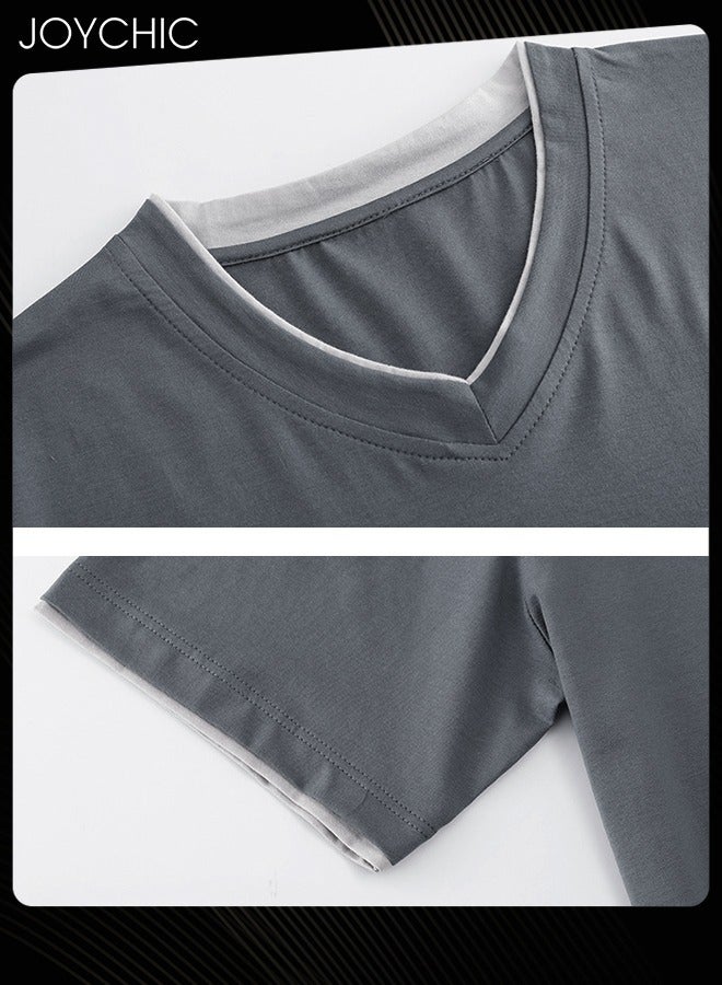 Joychic Solid Color Sports Style Men's Pajamas Set Spring and Autumn Short-sleeved Sleepwear Modal Skin-friendly Quick-dying Pullover Home Clothes for Youth Grey - Image 5