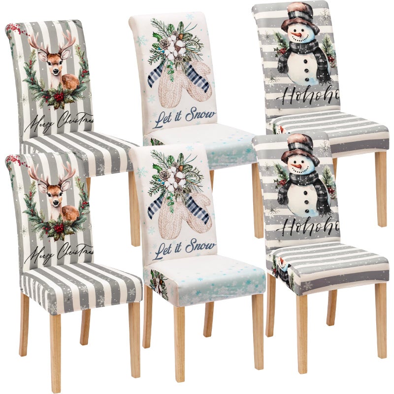 FuWeave FuWeave 6 Pcs Christmas Snowman Chair Covers Winter Vintage Dining Chair Slipcovers Christmas Seat Covers Winter Elk Gloves Stretch Removable Washable Dining Protector for Party Dining Wedding Kitchen - Image 1