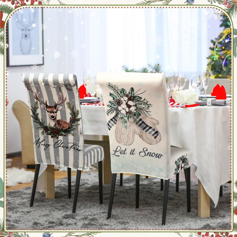FuWeave FuWeave 6 Pcs Christmas Snowman Chair Covers Winter Vintage Dining Chair Slipcovers Christmas Seat Covers Winter Elk Gloves Stretch Removable Washable Dining Protector for Party Dining Wedding Kitchen - Image 5