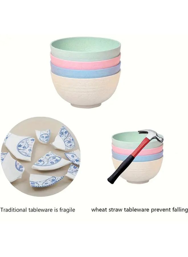 4 Piece Reusable Plastic Bowl Set With Lids 24 Oz Striped Microwavable Wheat Straw Bowls Mix Colors Rust Resistant Round Dish With Cover For Soup Oatmeal Ramen Camping Dorm Kitchen Tools Accessories - Image 3