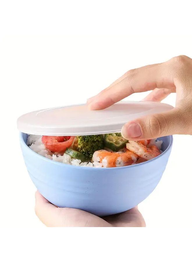 4 Piece Reusable Plastic Bowl Set With Lids 24 Oz Striped Microwavable Wheat Straw Bowls Mix Colors Rust Resistant Round Dish With Cover For Soup Oatmeal Ramen Camping Dorm Kitchen Tools Accessories - Image 2