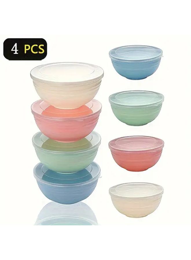 4 Piece Reusable Plastic Bowl Set With Lids 24 Oz Striped Microwavable Wheat Straw Bowls Mix Colors Rust Resistant Round Dish With Cover For Soup Oatmeal Ramen Camping Dorm Kitchen Tools Accessories - Image 1
