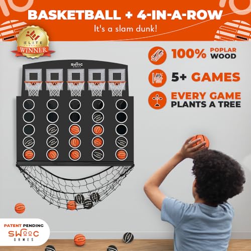 Swooc Games - Low Post Lineup™ | Wall Mounted Giant Basketball 4 In A Row w/ 5+ Games | Basketball Hoop For Room Wall Games | Game Room Games | Mini Basketball Hoop Indoor Connect | Four In A Row Game - Image 2