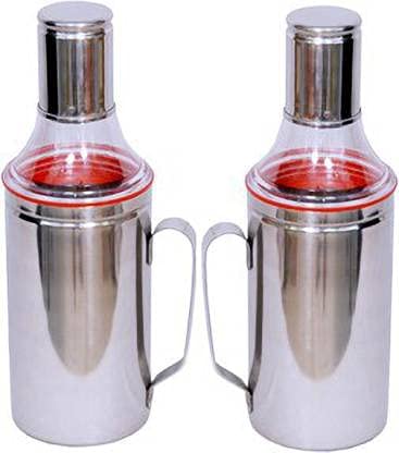 STEEPLE Oil Dispenser 1 Litre Easy Flow Stainless Steel Air Tight Spill Proof Oil Container Oil Pourer Oil Bottle with Handle 1000ml Pack of 2 Silver
