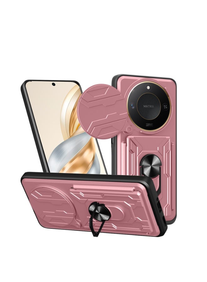 Shunjia Sliding Window Case, Shockproof Rugged Armor with Sliding Camera Cover & 360° Ring Kickstand, Compatible with Honor X9c Smart (Rose Gold)