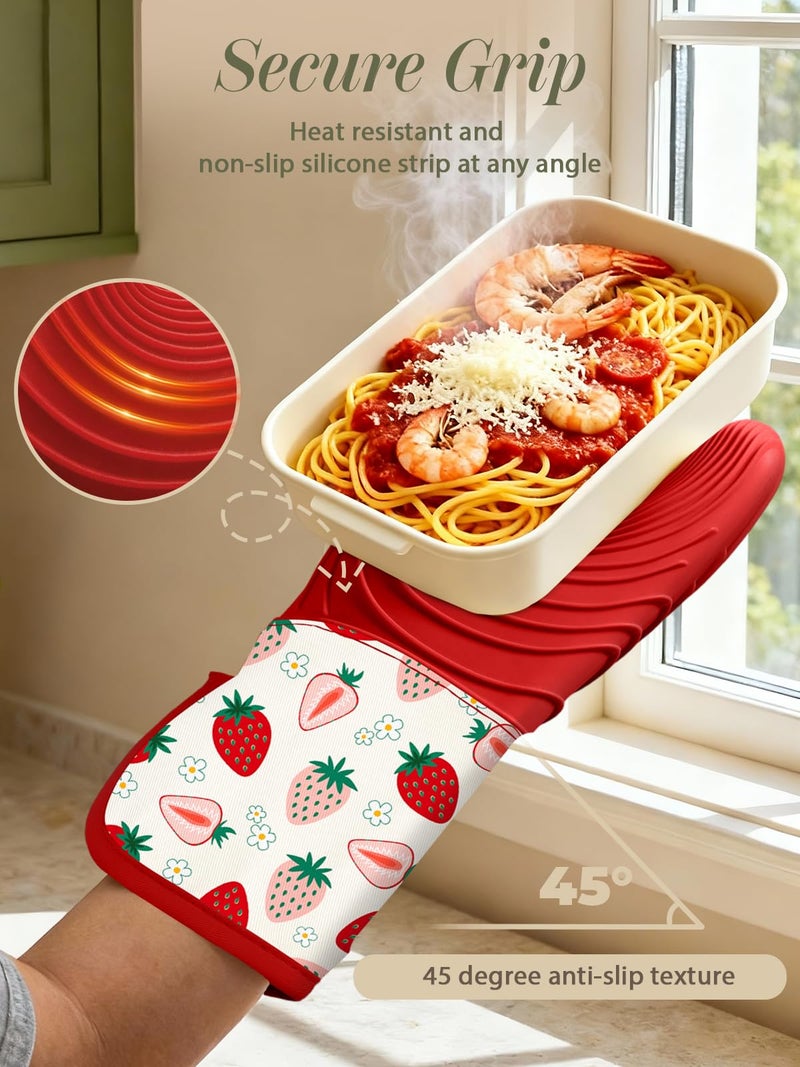 Slohif Long Silicone Oven Mitts Heat Resistant for Women - 2 Pcs Strawberry 100% Cotton Oven Gloves, Non-Slip and Waterproof Silicone Oven Mitts with Hanger for Baking and Cooking - Image 3
