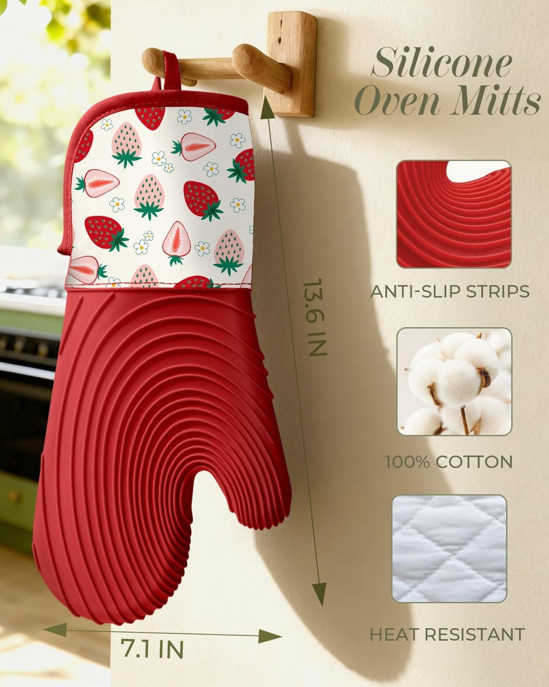 Slohif Long Silicone Oven Mitts Heat Resistant for Women - 2 Pcs Strawberry 100% Cotton Oven Gloves, Non-Slip and Waterproof Silicone Oven Mitts with Hanger for Baking and Cooking - Image 2