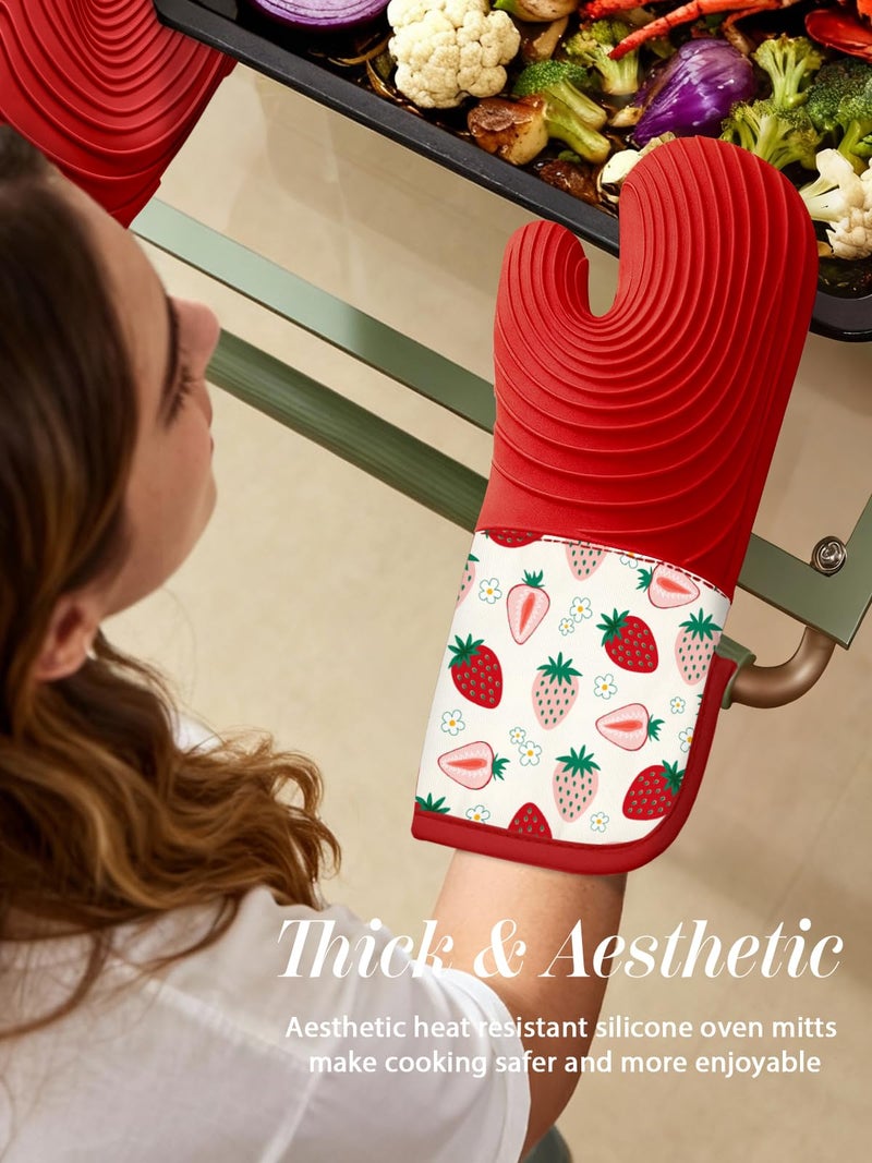 Slohif Long Silicone Oven Mitts Heat Resistant for Women - 2 Pcs Strawberry 100% Cotton Oven Gloves, Non-Slip and Waterproof Silicone Oven Mitts with Hanger for Baking and Cooking - Image 5