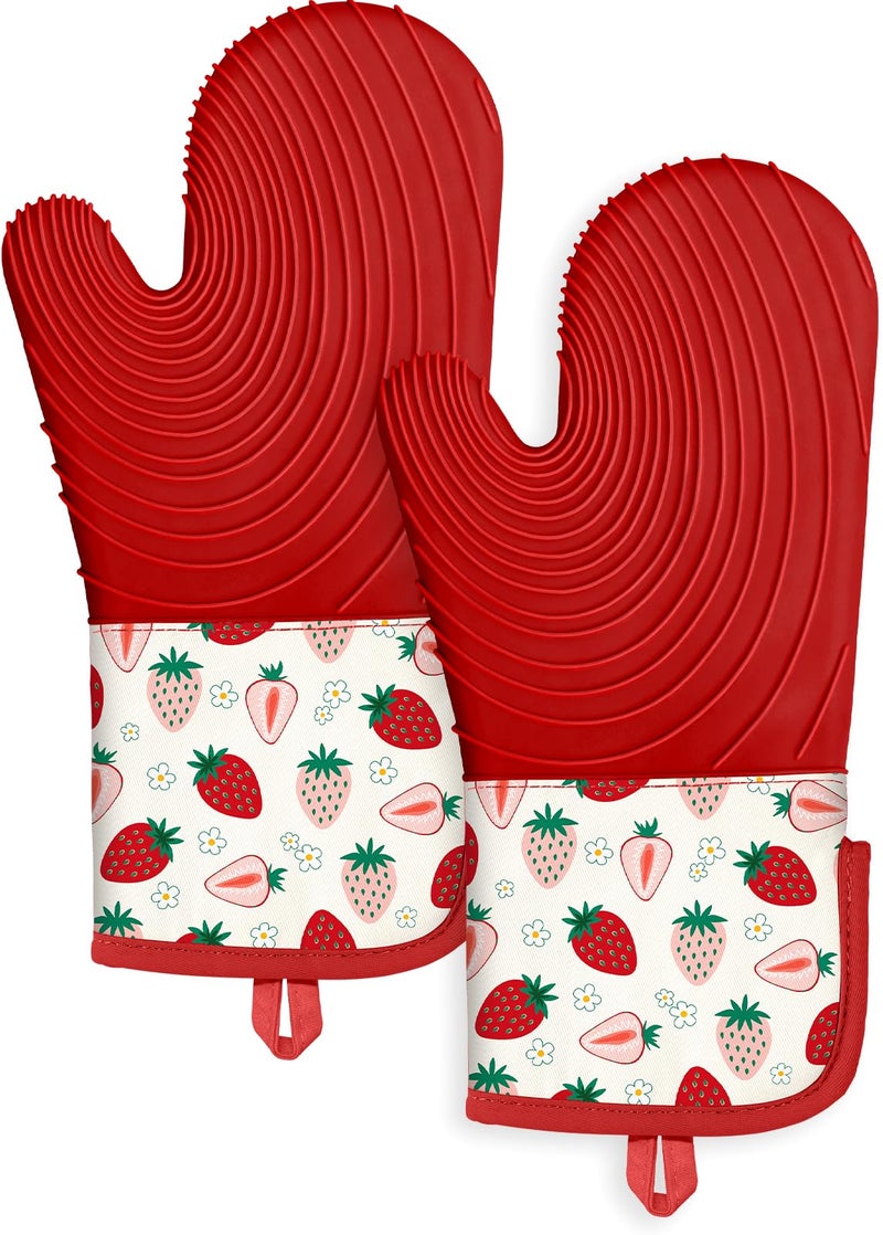 Slohif Long Silicone Oven Mitts Heat Resistant for Women - 2 Pcs Strawberry 100% Cotton Oven Gloves, Non-Slip and Waterproof Silicone Oven Mitts with Hanger for Baking and Cooking - Image 1