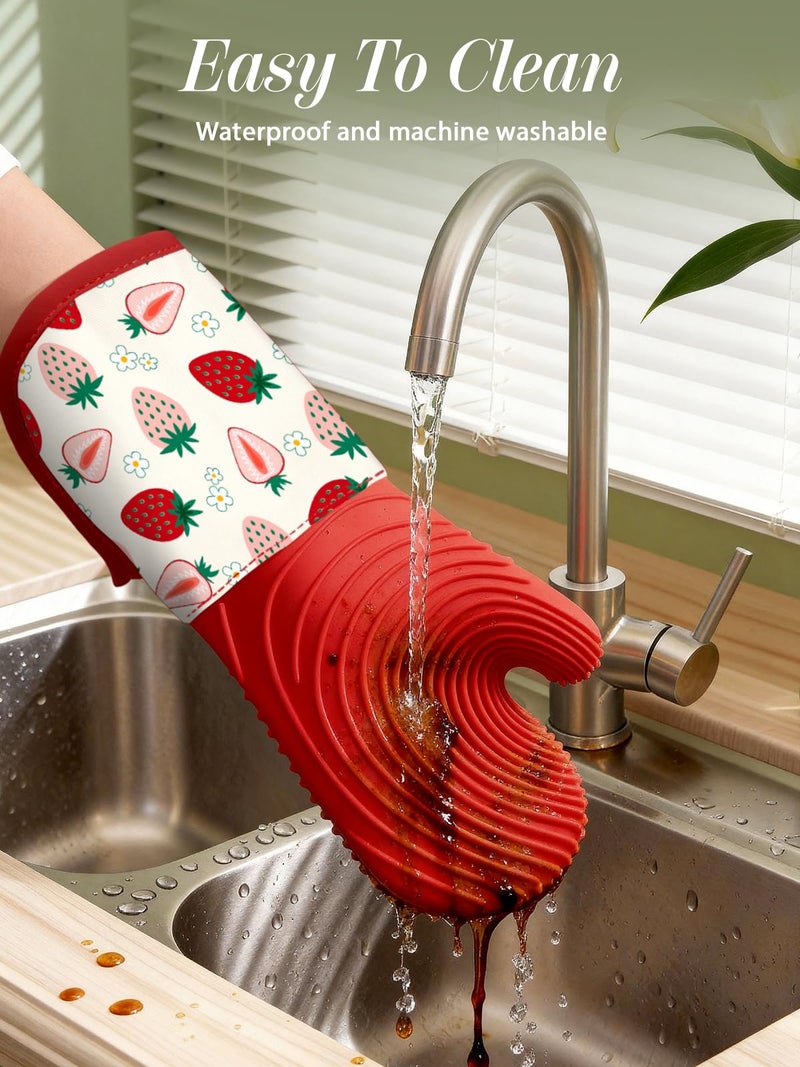 Slohif Long Silicone Oven Mitts Heat Resistant for Women - 2 Pcs Strawberry 100% Cotton Oven Gloves, Non-Slip and Waterproof Silicone Oven Mitts with Hanger for Baking and Cooking - Image 4